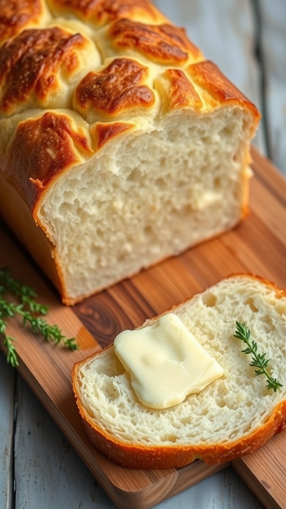A loaf of golden brown potato bread sliced on a wooden board with butter melting on top.